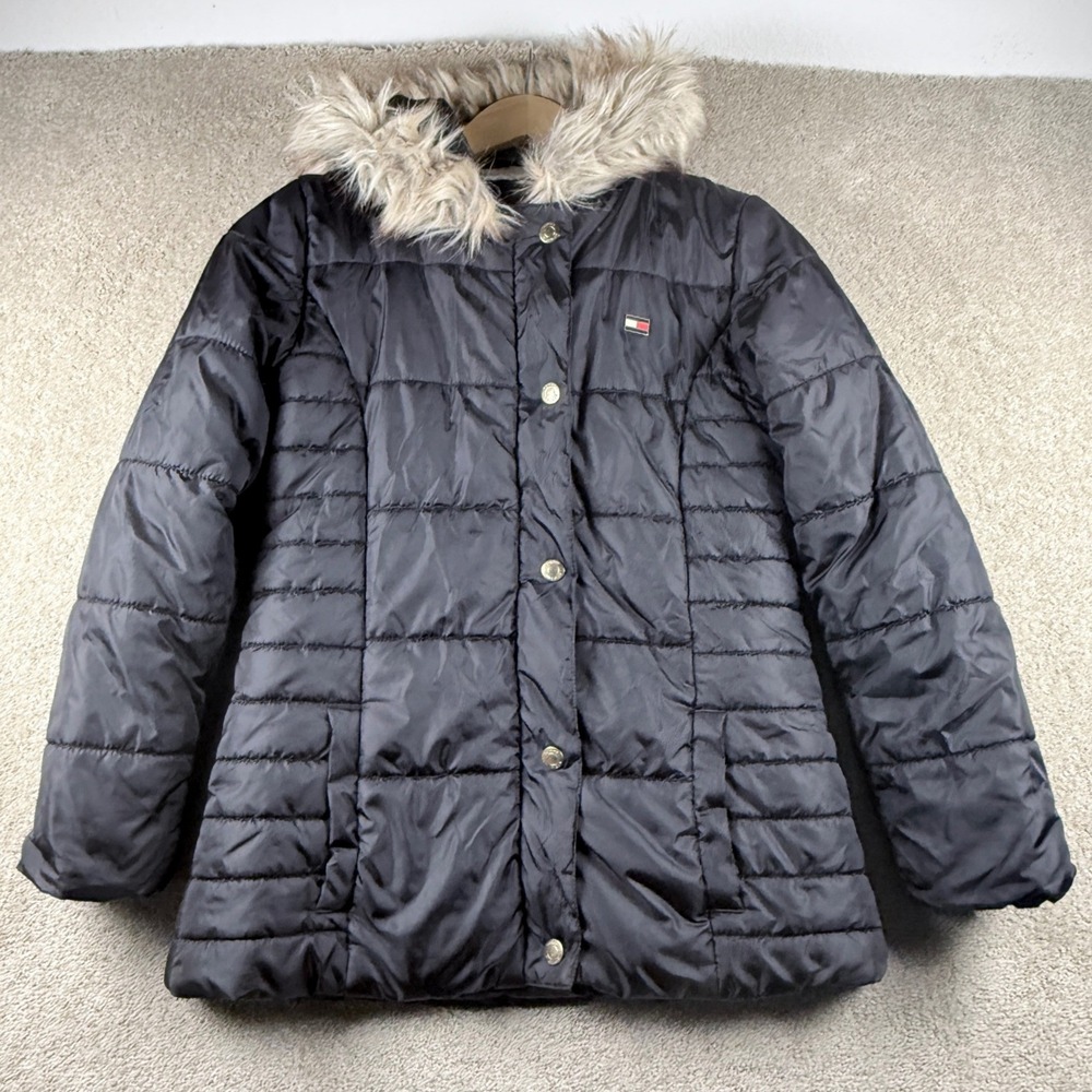 Tommy Hilfiger Puffer Jacket Kids XL 16 Black Excellent Faux Fur Hood Fleece